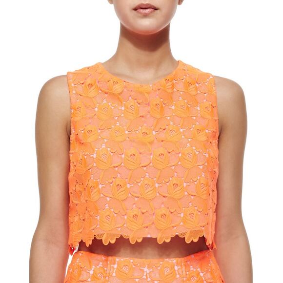 ALC Adriana Crop Top Women 0 Neon Orange Floral Lace Crew neck Scalloped Crochet - Picture 1 of 15